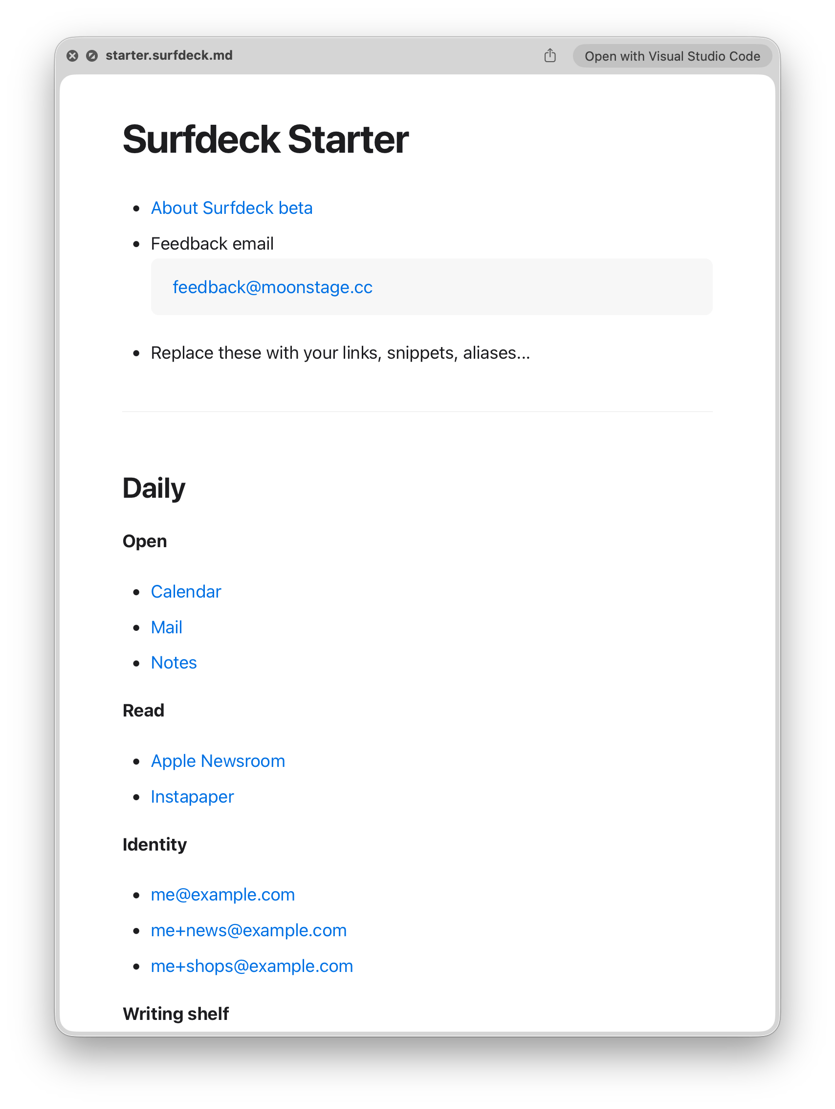 A Markdown file containing Surfdeck bookmarks, snippets, and sections.