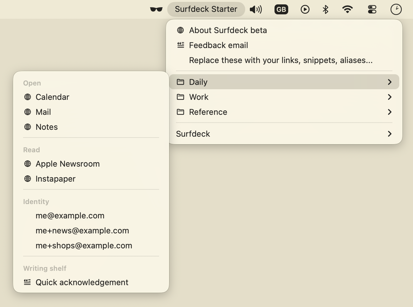 Surfdeck's menu bar dropdown showing bookmarks rendered from the Markdown file.